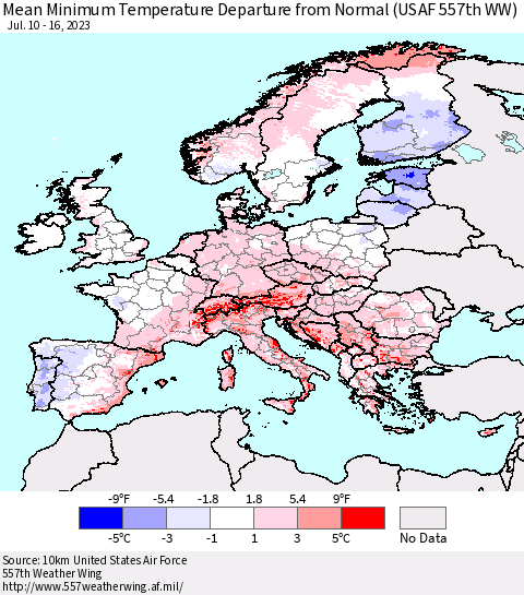 Europe Mean Minimum Temperature Departure from Normal (USAF 557th WW) Thematic Map For 7/10/2023 - 7/16/2023