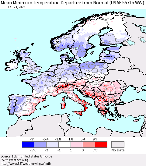 Europe Mean Minimum Temperature Departure from Normal (USAF 557th WW) Thematic Map For 7/17/2023 - 7/23/2023