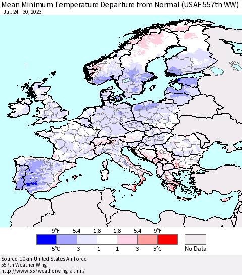 Europe Mean Minimum Temperature Departure from Normal (USAF 557th WW) Thematic Map For 7/24/2023 - 7/30/2023