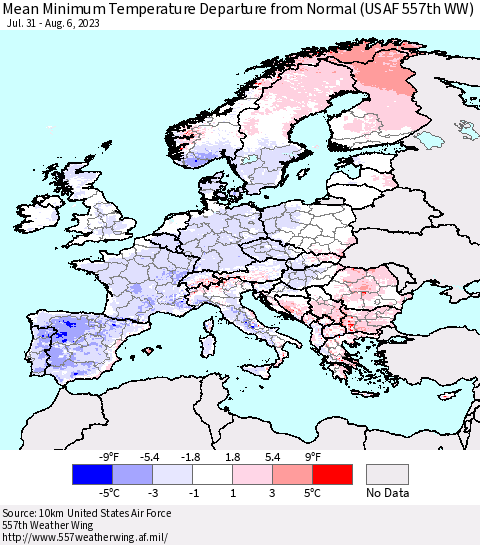 Europe Mean Minimum Temperature Departure from Normal (USAF 557th WW) Thematic Map For 7/31/2023 - 8/6/2023