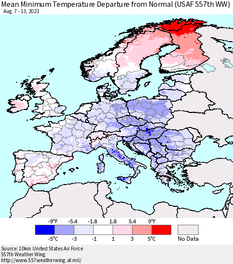 Europe Mean Minimum Temperature Departure from Normal (USAF 557th WW) Thematic Map For 8/7/2023 - 8/13/2023