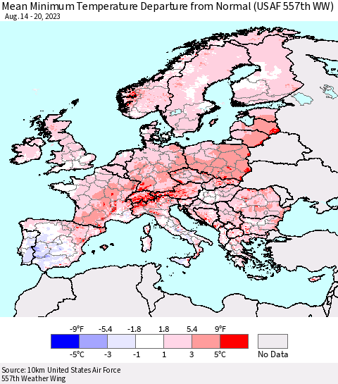 Europe Mean Minimum Temperature Departure from Normal (USAF 557th WW) Thematic Map For 8/14/2023 - 8/20/2023