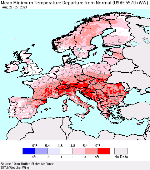 Europe Mean Minimum Temperature Departure from Normal (USAF 557th WW) Thematic Map For 8/21/2023 - 8/27/2023