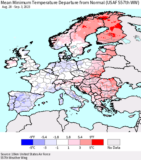 Europe Mean Minimum Temperature Departure from Normal (USAF 557th WW) Thematic Map For 8/28/2023 - 9/3/2023