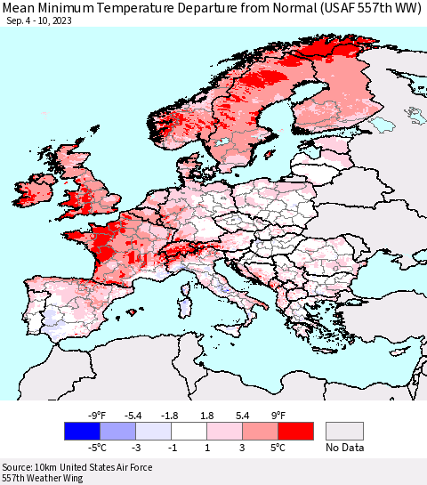 Europe Mean Minimum Temperature Departure from Normal (USAF 557th WW) Thematic Map For 9/4/2023 - 9/10/2023