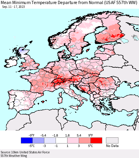 Europe Mean Minimum Temperature Departure from Normal (USAF 557th WW) Thematic Map For 9/11/2023 - 9/17/2023