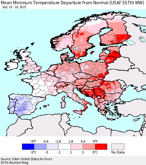 Europe Mean Minimum Temperature Departure from Normal (USAF 557th WW) Thematic Map For 9/18/2023 - 9/24/2023