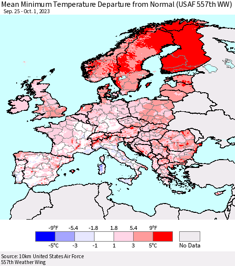 Europe Mean Minimum Temperature Departure from Normal (USAF 557th WW) Thematic Map For 9/25/2023 - 10/1/2023