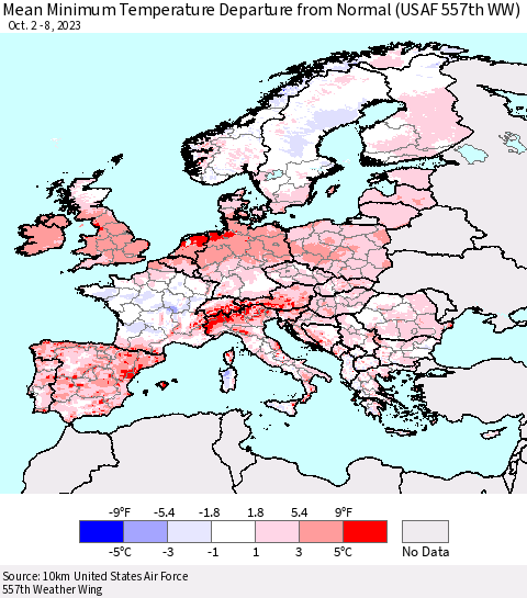 Europe Mean Minimum Temperature Departure from Normal (USAF 557th WW) Thematic Map For 10/2/2023 - 10/8/2023