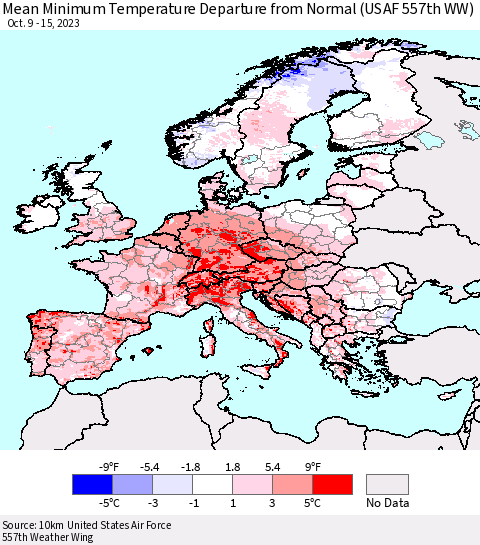 Europe Mean Minimum Temperature Departure from Normal (USAF 557th WW) Thematic Map For 10/9/2023 - 10/15/2023