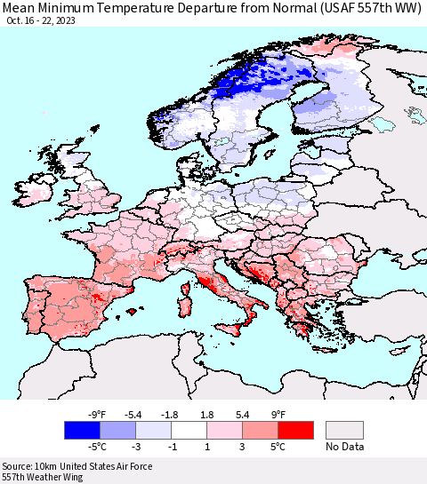 Europe Mean Minimum Temperature Departure from Normal (USAF 557th WW) Thematic Map For 10/16/2023 - 10/22/2023