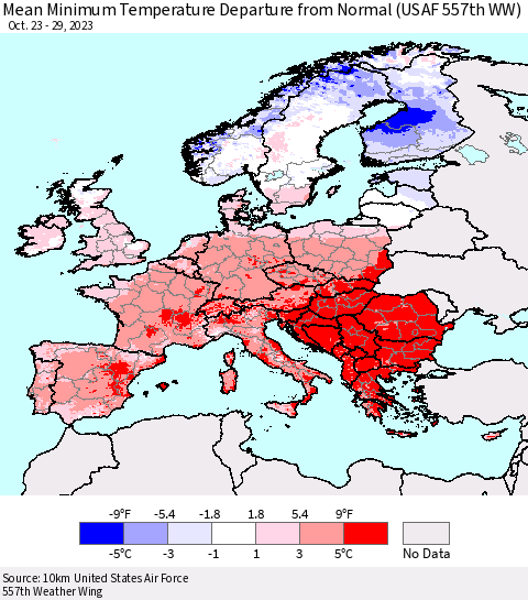 Europe Mean Minimum Temperature Departure from Normal (USAF 557th WW) Thematic Map For 10/23/2023 - 10/29/2023