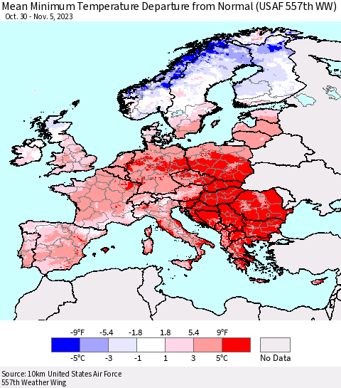 Europe Mean Minimum Temperature Departure from Normal (USAF 557th WW) Thematic Map For 10/30/2023 - 11/5/2023