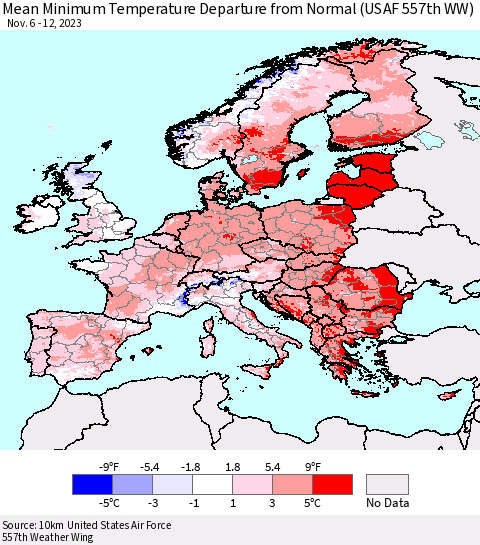 Europe Mean Minimum Temperature Departure from Normal (USAF 557th WW) Thematic Map For 11/6/2023 - 11/12/2023