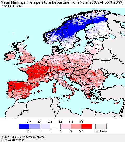 Europe Mean Minimum Temperature Departure from Normal (USAF 557th WW) Thematic Map For 11/13/2023 - 11/19/2023