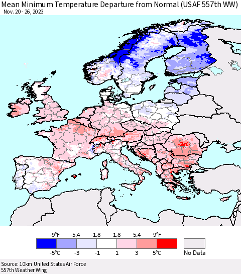 Europe Mean Minimum Temperature Departure from Normal (USAF 557th WW) Thematic Map For 11/20/2023 - 11/26/2023