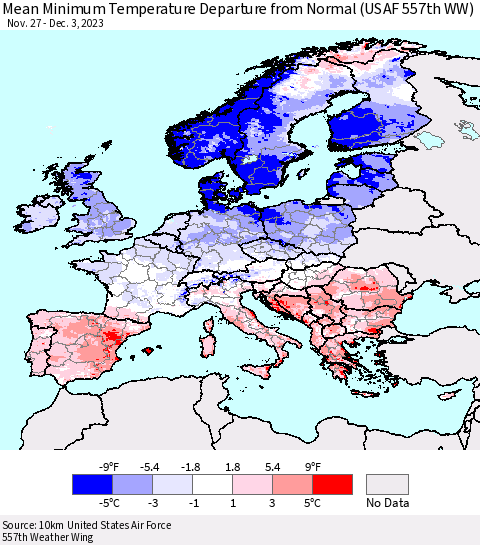 Europe Mean Minimum Temperature Departure from Normal (USAF 557th WW) Thematic Map For 11/27/2023 - 12/3/2023