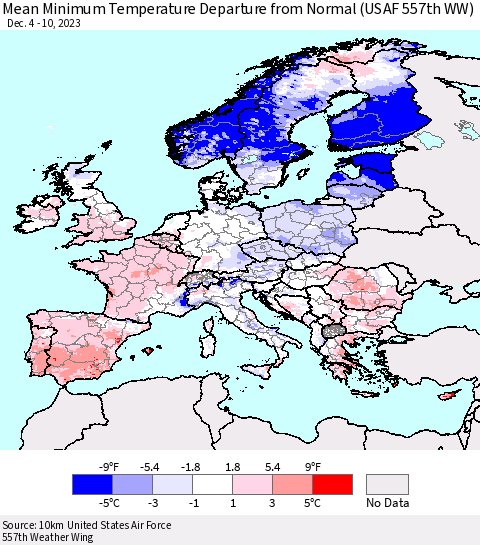 Europe Mean Minimum Temperature Departure from Normal (USAF 557th WW) Thematic Map For 12/4/2023 - 12/10/2023