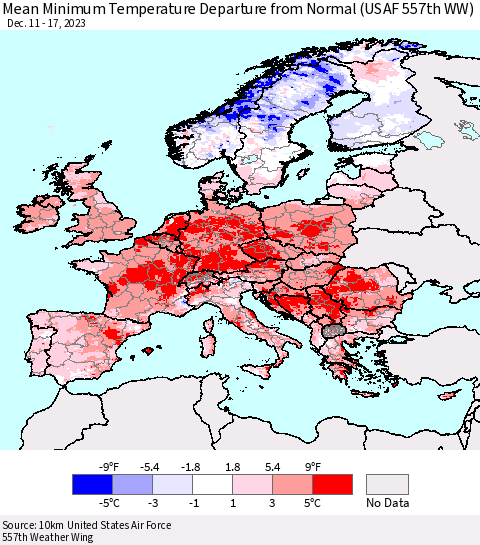 Europe Mean Minimum Temperature Departure from Normal (USAF 557th WW) Thematic Map For 12/11/2023 - 12/17/2023
