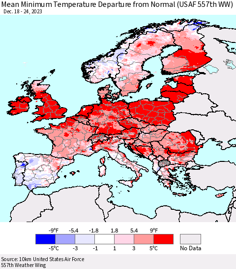 Europe Mean Minimum Temperature Departure from Normal (USAF 557th WW) Thematic Map For 12/18/2023 - 12/24/2023