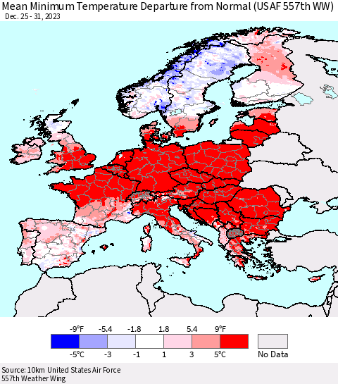 Europe Mean Minimum Temperature Departure from Normal (USAF 557th WW) Thematic Map For 12/25/2023 - 12/31/2023