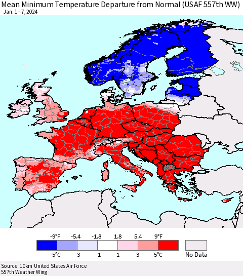 Europe Mean Minimum Temperature Departure from Normal (USAF 557th WW) Thematic Map For 1/1/2024 - 1/7/2024
