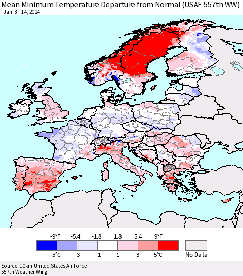 Europe Mean Minimum Temperature Departure from Normal (USAF 557th WW) Thematic Map For 1/8/2024 - 1/14/2024