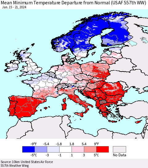 Europe Mean Minimum Temperature Departure from Normal (USAF 557th WW) Thematic Map For 1/15/2024 - 1/21/2024