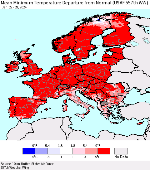 Europe Mean Minimum Temperature Departure from Normal (USAF 557th WW) Thematic Map For 1/22/2024 - 1/28/2024