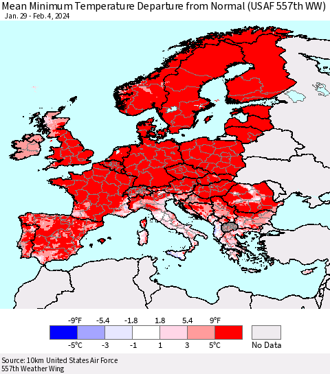 Europe Mean Minimum Temperature Departure from Normal (USAF 557th WW) Thematic Map For 1/29/2024 - 2/4/2024