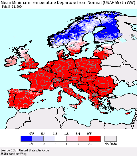 Europe Mean Minimum Temperature Departure from Normal (USAF 557th WW) Thematic Map For 2/5/2024 - 2/11/2024