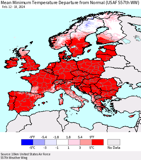 Europe Mean Minimum Temperature Departure from Normal (USAF 557th WW) Thematic Map For 2/12/2024 - 2/18/2024