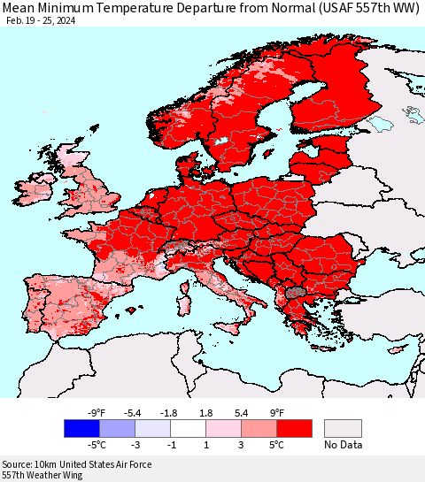 Europe Mean Minimum Temperature Departure from Normal (USAF 557th WW) Thematic Map For 2/19/2024 - 2/25/2024