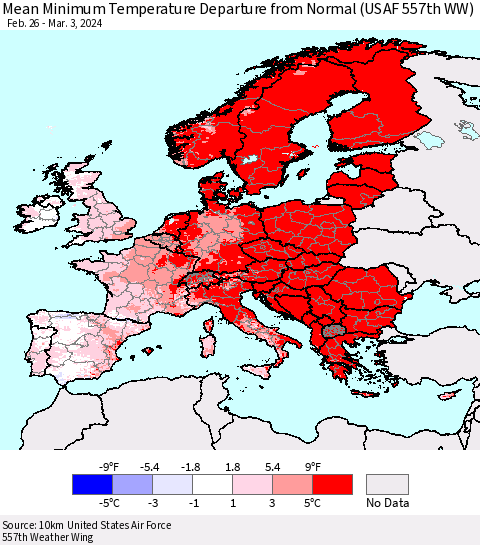 Europe Mean Minimum Temperature Departure from Normal (USAF 557th WW) Thematic Map For 2/26/2024 - 3/3/2024