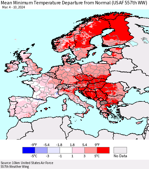 Europe Mean Minimum Temperature Departure from Normal (USAF 557th WW) Thematic Map For 3/4/2024 - 3/10/2024