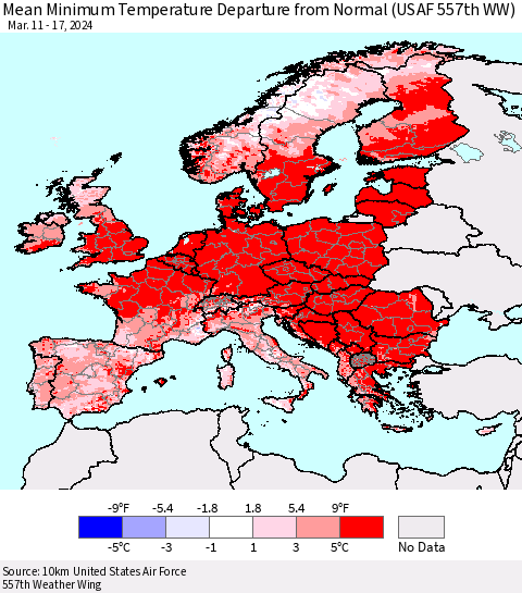 Europe Mean Minimum Temperature Departure from Normal (USAF 557th WW) Thematic Map For 3/11/2024 - 3/17/2024