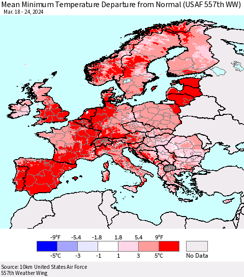 Europe Mean Minimum Temperature Departure from Normal (USAF 557th WW) Thematic Map For 3/18/2024 - 3/24/2024