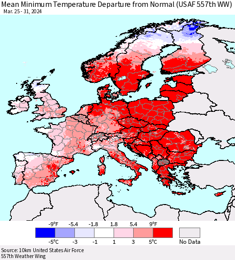 Europe Mean Minimum Temperature Departure from Normal (USAF 557th WW) Thematic Map For 3/25/2024 - 3/31/2024