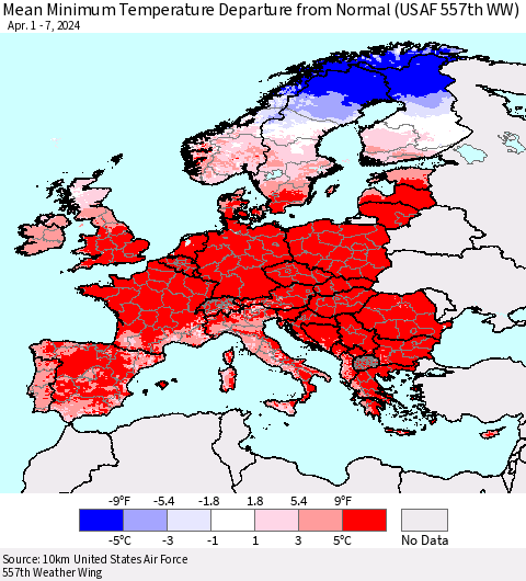 Europe Mean Minimum Temperature Departure from Normal (USAF 557th WW) Thematic Map For 4/1/2024 - 4/7/2024