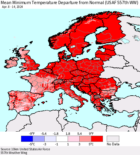 Europe Mean Minimum Temperature Departure from Normal (USAF 557th WW) Thematic Map For 4/8/2024 - 4/14/2024