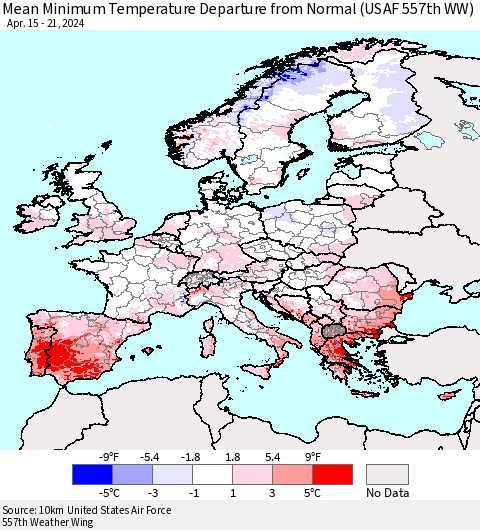 Europe Mean Minimum Temperature Departure from Normal (USAF 557th WW) Thematic Map For 4/15/2024 - 4/21/2024