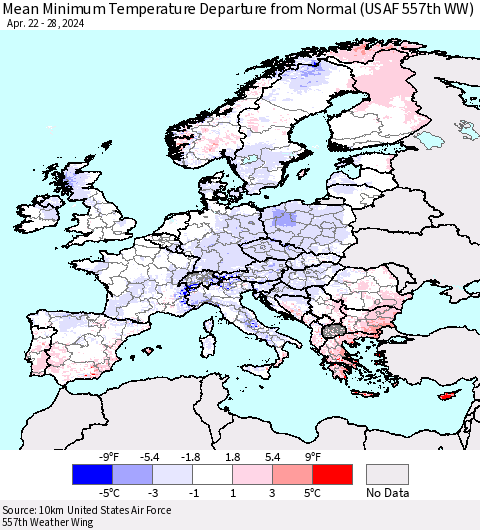 Europe Mean Minimum Temperature Departure from Normal (USAF 557th WW) Thematic Map For 4/22/2024 - 4/28/2024