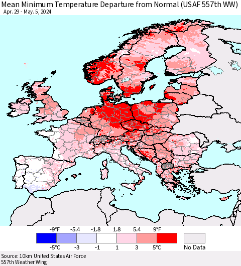 Europe Mean Minimum Temperature Departure from Normal (USAF 557th WW) Thematic Map For 4/29/2024 - 5/5/2024