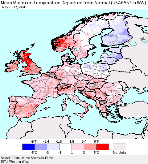 Europe Mean Minimum Temperature Departure from Normal (USAF 557th WW) Thematic Map For 5/6/2024 - 5/12/2024