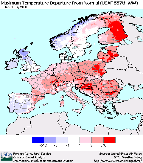 Europe Mean Maximum Temperature Departure from Normal (USAF 557th WW) Thematic Map For 1/1/2018 - 1/7/2018