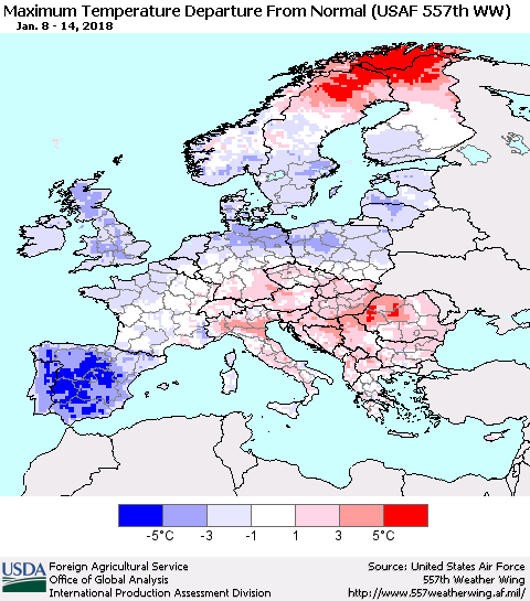 Europe Mean Maximum Temperature Departure from Normal (USAF 557th WW) Thematic Map For 1/8/2018 - 1/14/2018
