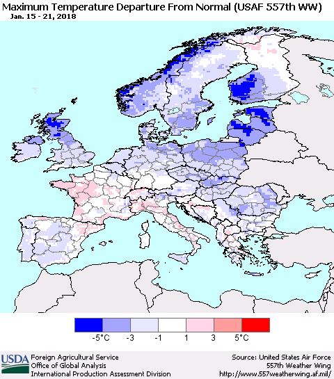 Europe Mean Maximum Temperature Departure from Normal (USAF 557th WW) Thematic Map For 1/15/2018 - 1/21/2018