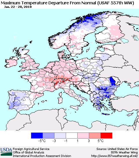 Europe Mean Maximum Temperature Departure from Normal (USAF 557th WW) Thematic Map For 1/22/2018 - 1/28/2018