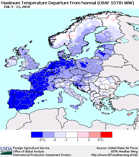 Europe Mean Maximum Temperature Departure from Normal (USAF 557th WW) Thematic Map For 2/5/2018 - 2/11/2018