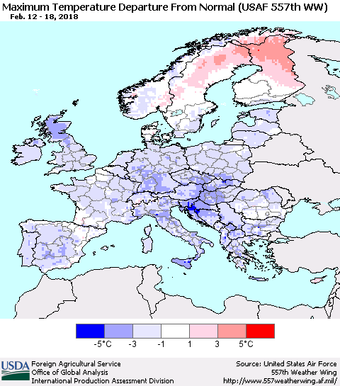 Europe Mean Maximum Temperature Departure from Normal (USAF 557th WW) Thematic Map For 2/12/2018 - 2/18/2018